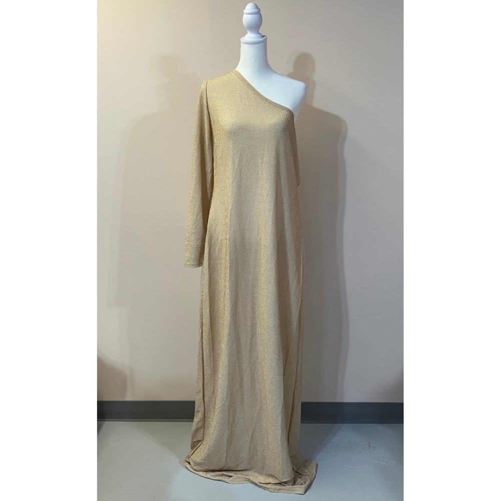 Gold Metallic One Shoulder Maxi Dress Side Slit Shimmer Gown XL Formal Gala Prom